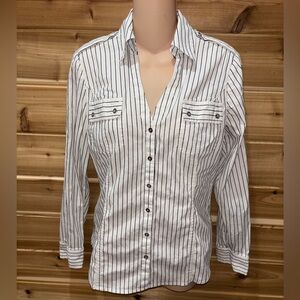Express White Button-Down Shirt with Black Pinstripes